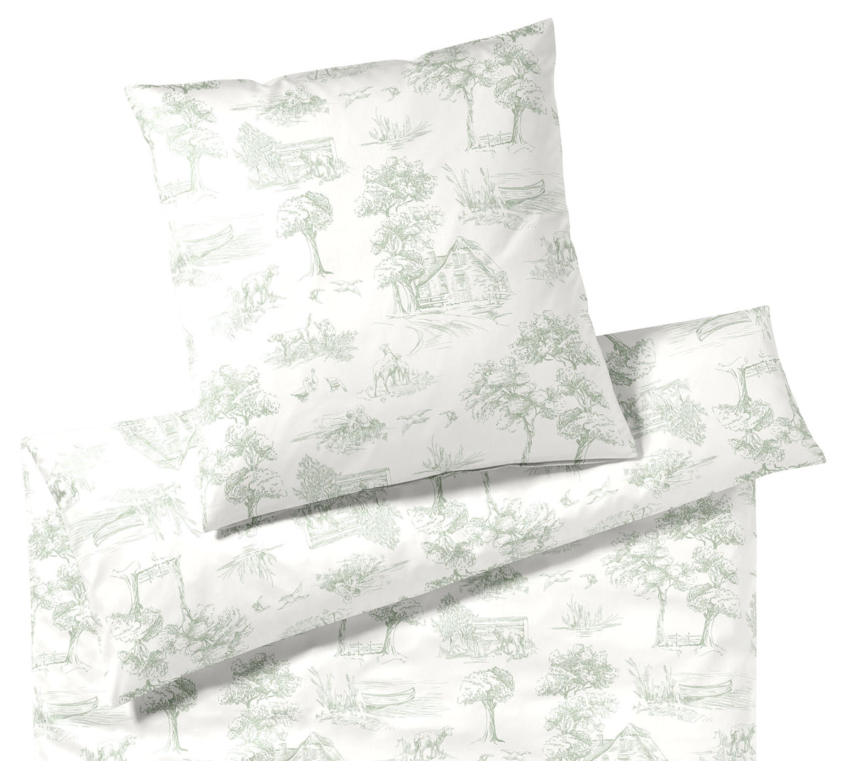 Satin Bettwäsche Toile de Jouy in Pistazie Landschaften Freisteller 
#farbe_Toile de Jouy Pistazie