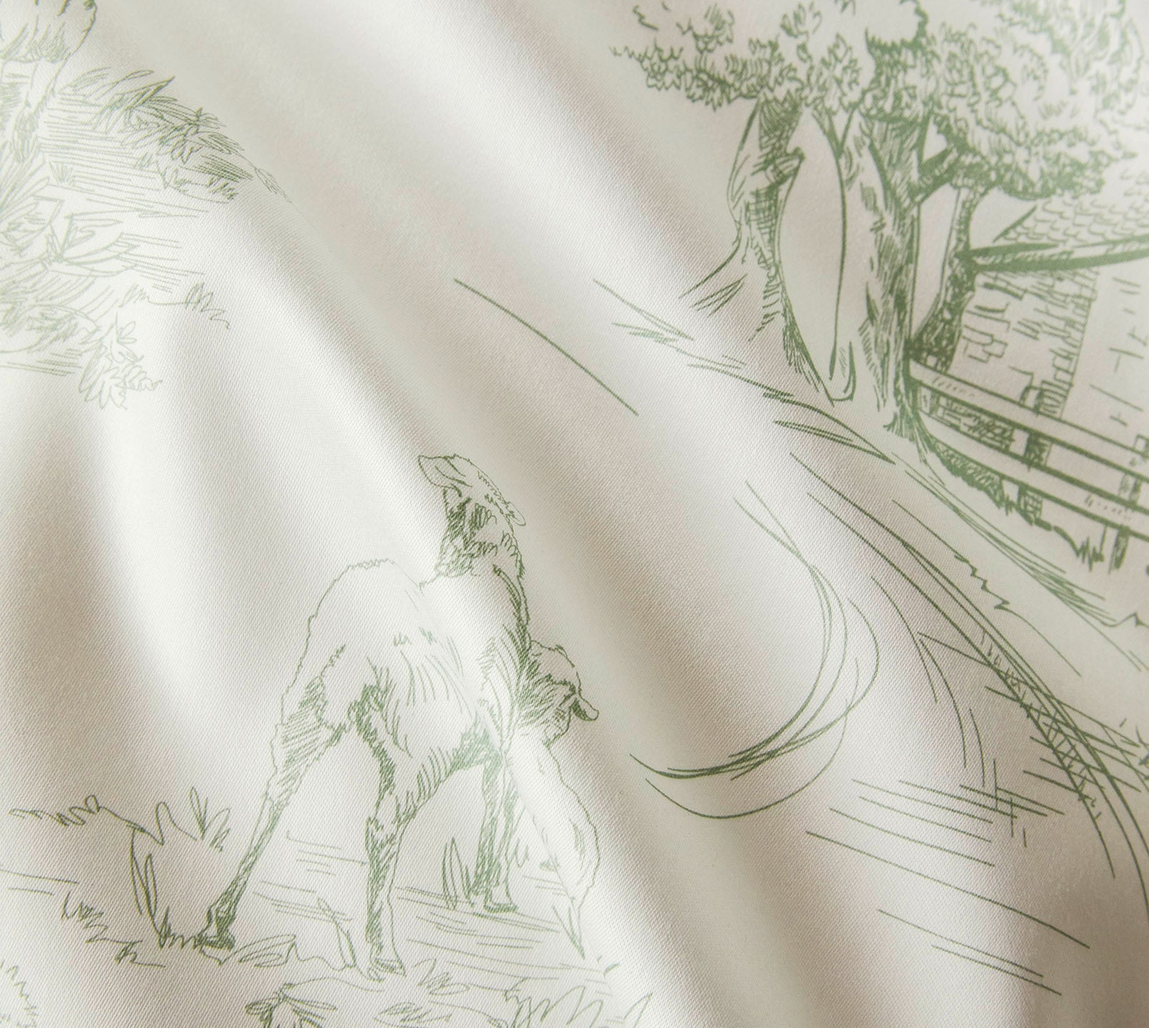 Satin Bettwäsche Toile de Jouy in Pistazie Landschaften Material 
#farbe_Toile de Jouy Pistazie