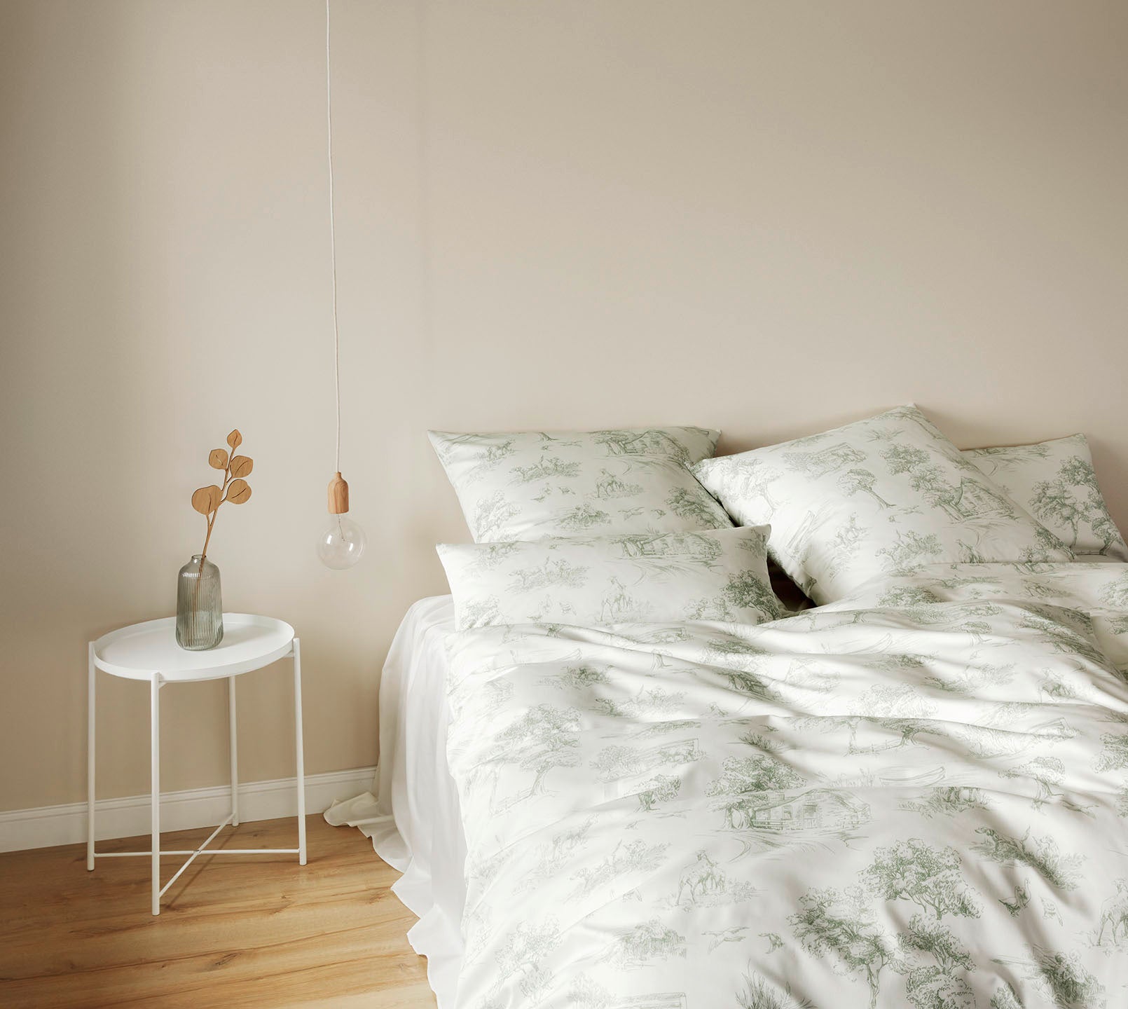 Satin Bettwäsche Toile de Jouy in Pistazie Landschaften Schlafzimmer 
#farbe_Toile de Jouy Pistazie