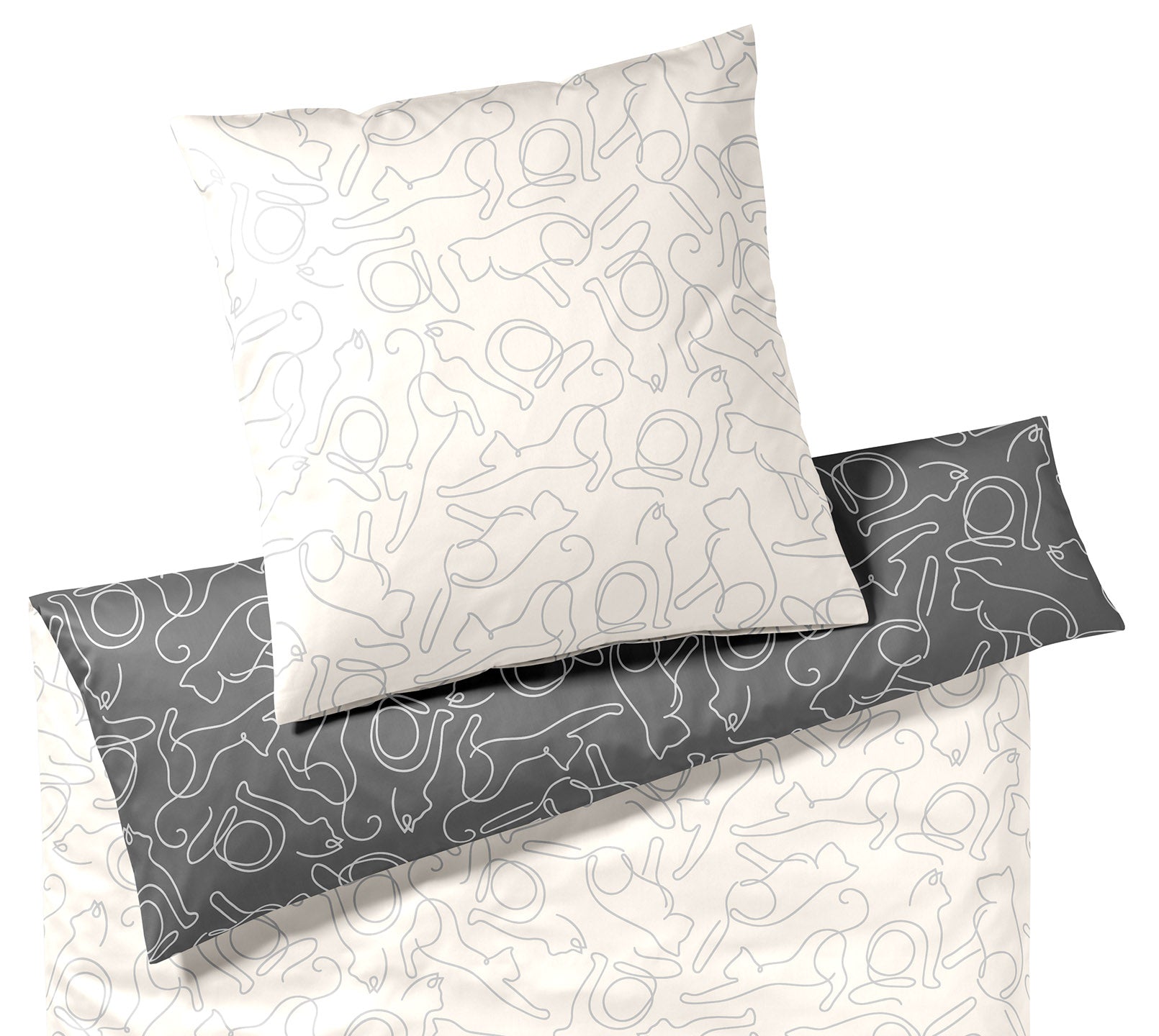 Satin Wende-Bettwäsche Cats in Creme-Grau Katzenmotiv Freisteller #farbe_Cats Creme-Grau