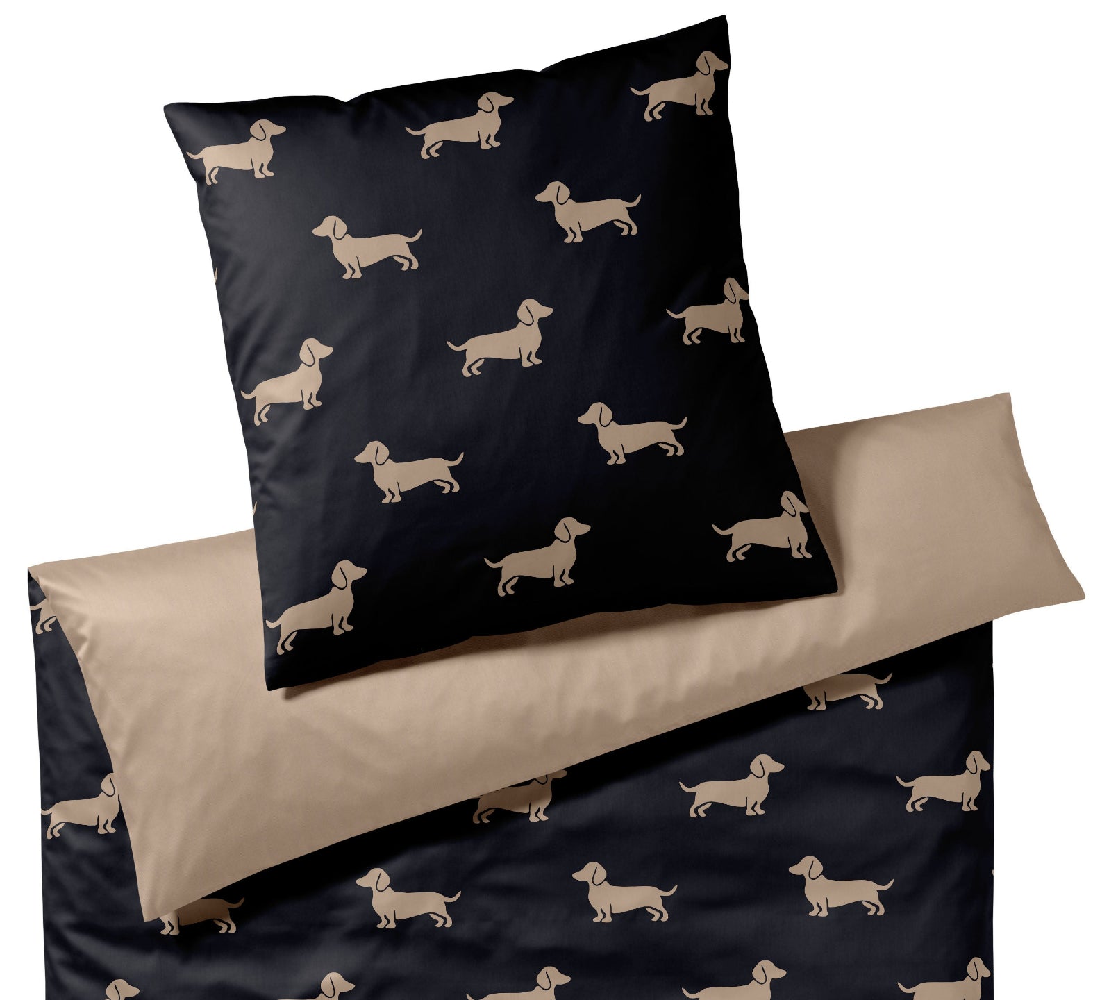 Satin Wende-Bettwäsche Dogs in Natur-Beige Hundepfoten Freisteller #farbe_Dogs Schwarz-Beige