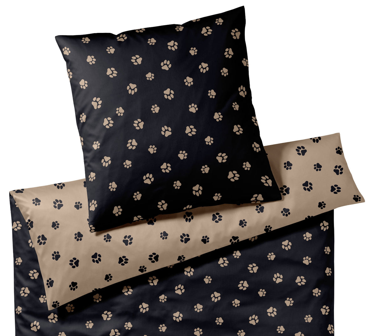 Satin Wende-Bettwäsche Paws in Schwarz-Beige Hundepfoten Freisteller #farbe_Paws Schwarz-Beige