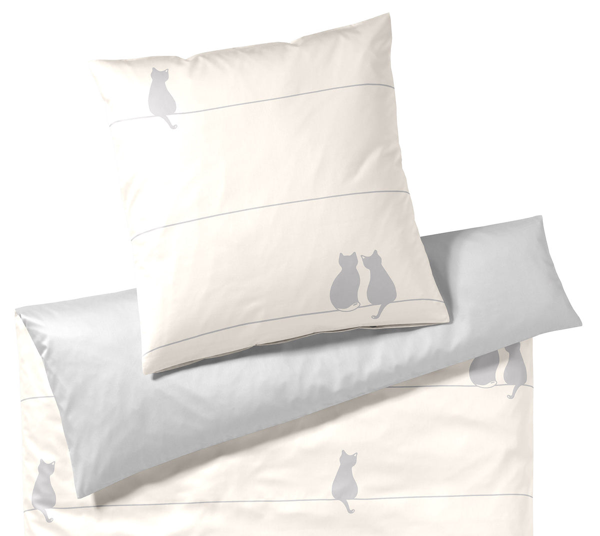 Satin Wende-Bettwäsche You & Me in Creme-Grau Katzenmotiv Freisteller #farbe_Creme