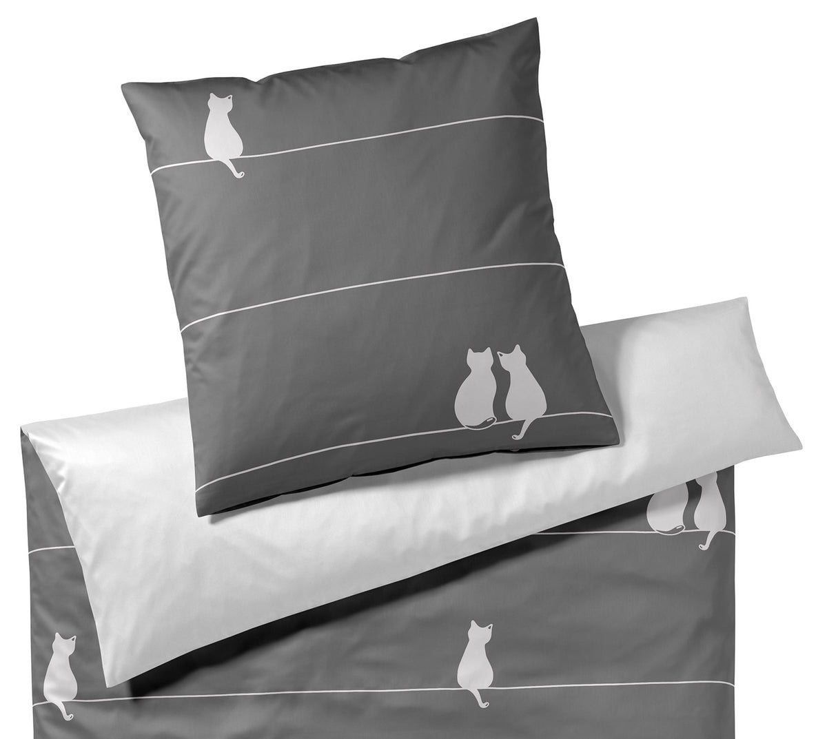 Satin Wende-Bettwäsche You & Me in Anthrazit Katzenmotiv Freisteller #farbe_You & Me Anthrazit