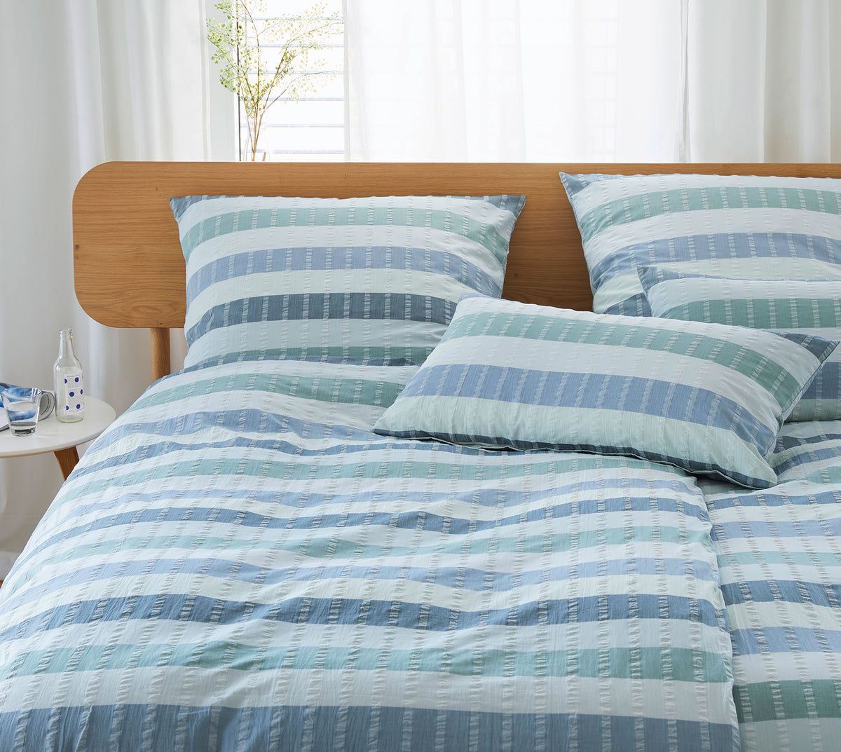 Seersucker Bettwaesche Gotland in Aquablau Streifen Schlafzimmmer #farbe_Aqua-Blau gestreift