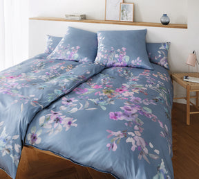 Seiden Satin Bettwäsche Amazing in Rauchblau Blumen Schlafzimmer 
