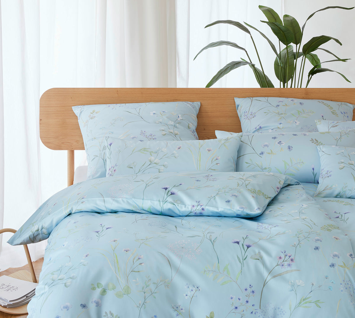 Seiden Satin Bettwaesche Deluxe in Rauchblau Blumen Schlafzimmer #farbe_Rauchblau