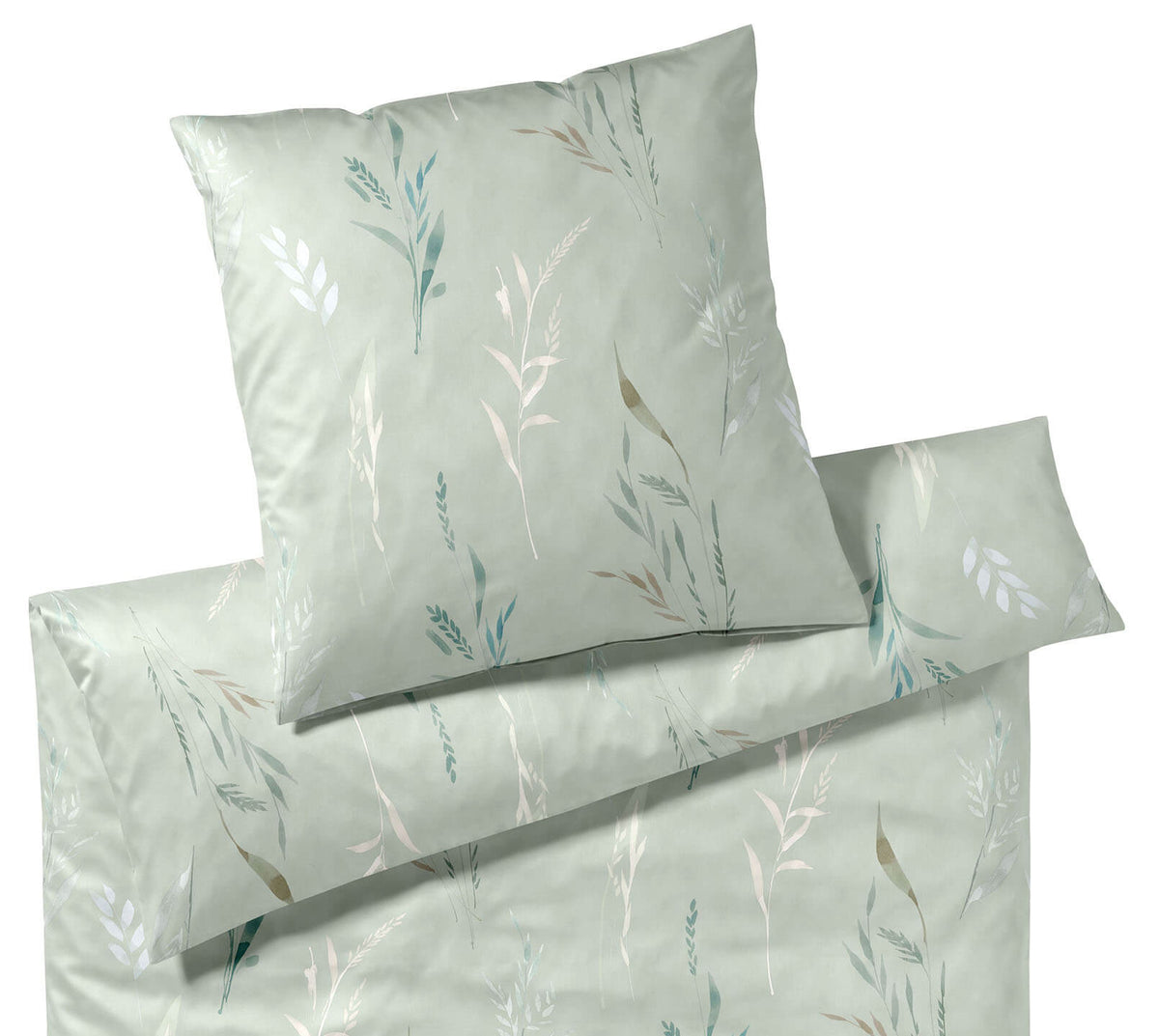 Seiden Satin Bettwäsche Ensemble in Salbeigrün Gräsermotiv Freisteller #farbe_Salbei