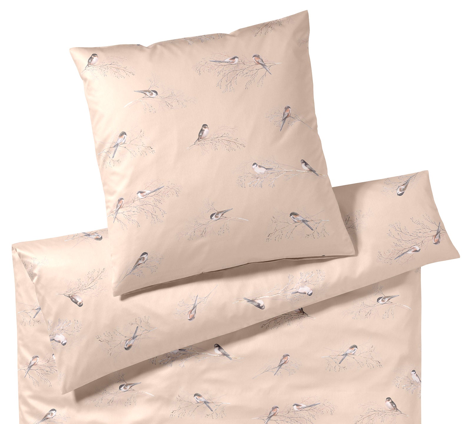 Seiden Satin Bettwäsche Spätzchen in Apricot Vogelmotiv Freisteller #farbe_Spätzchen Apricot