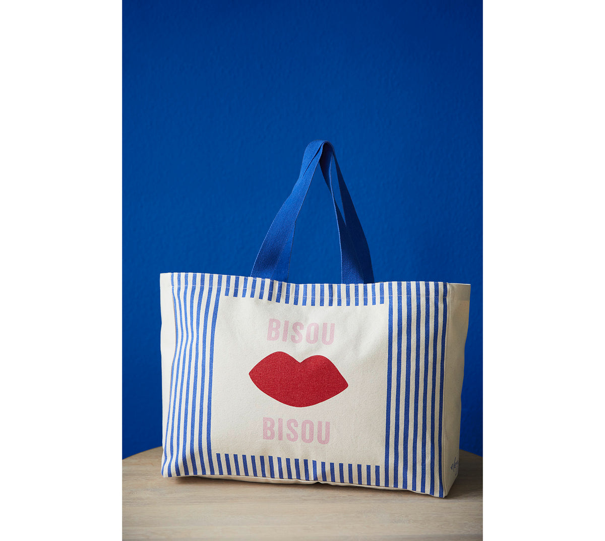 Stoffbeutel Baumwolle Bisou-Kussmund Blau Rot Tasche