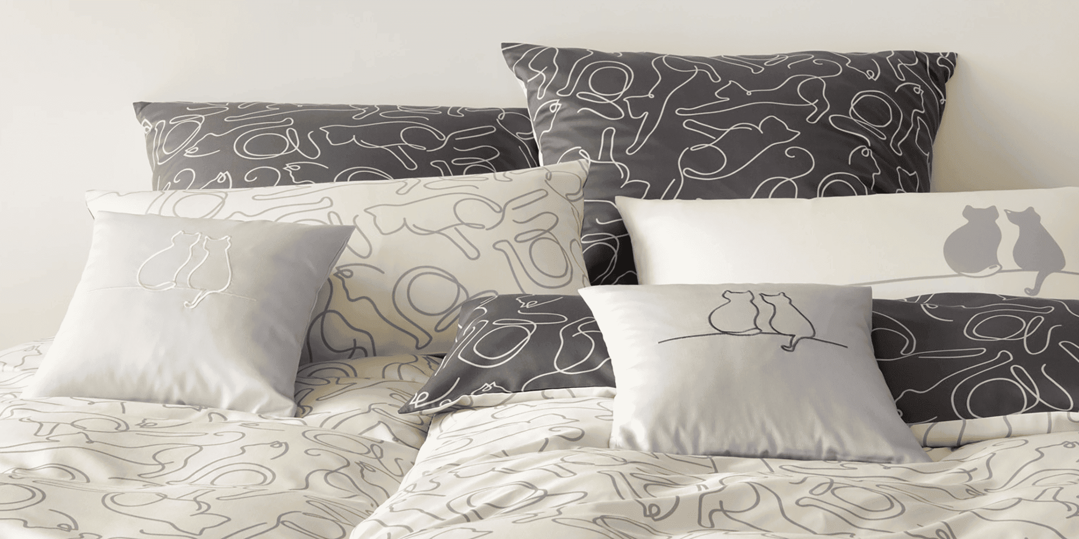 Wende Satin Bettwäsche Cats Katzenmotiv in Anthrazit Beige Schlafzimmer