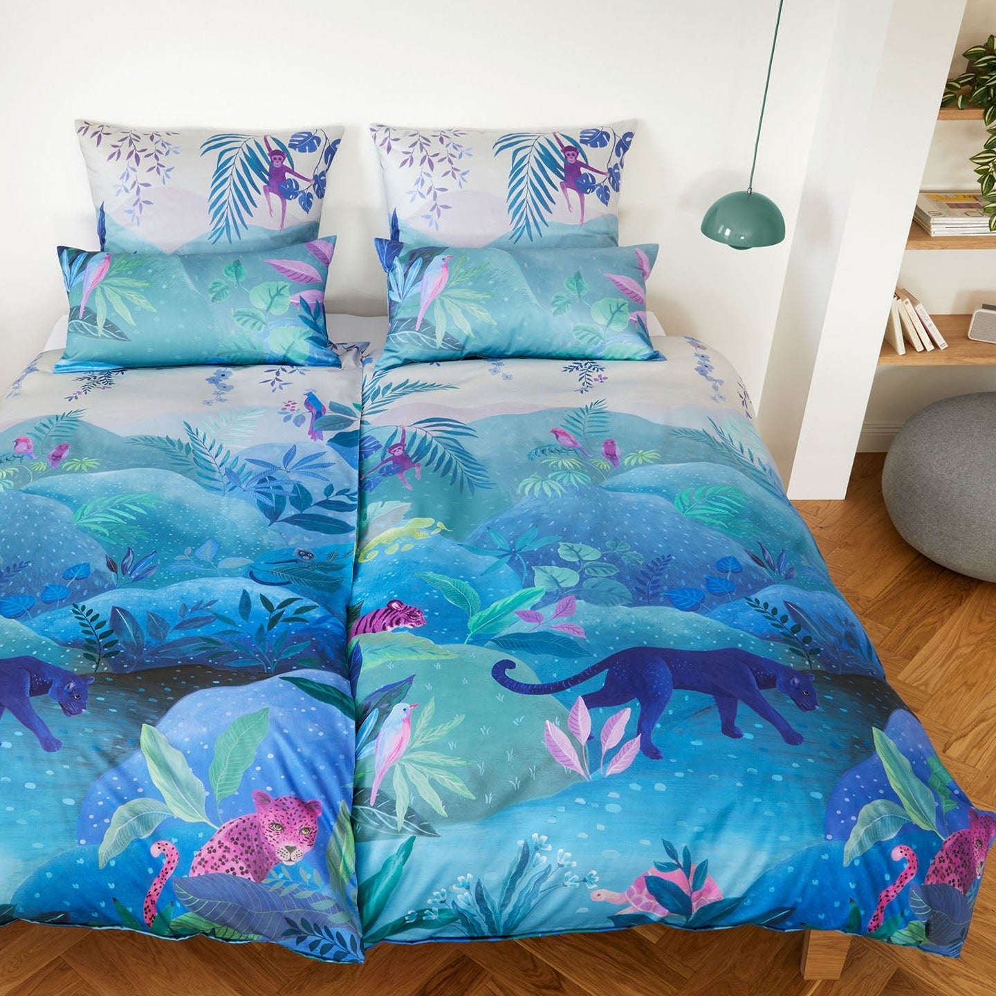 Satin Bettwaesche Fairytale in Gruen Tiere Schlafzimmer #farbe_Türkis-Grün
