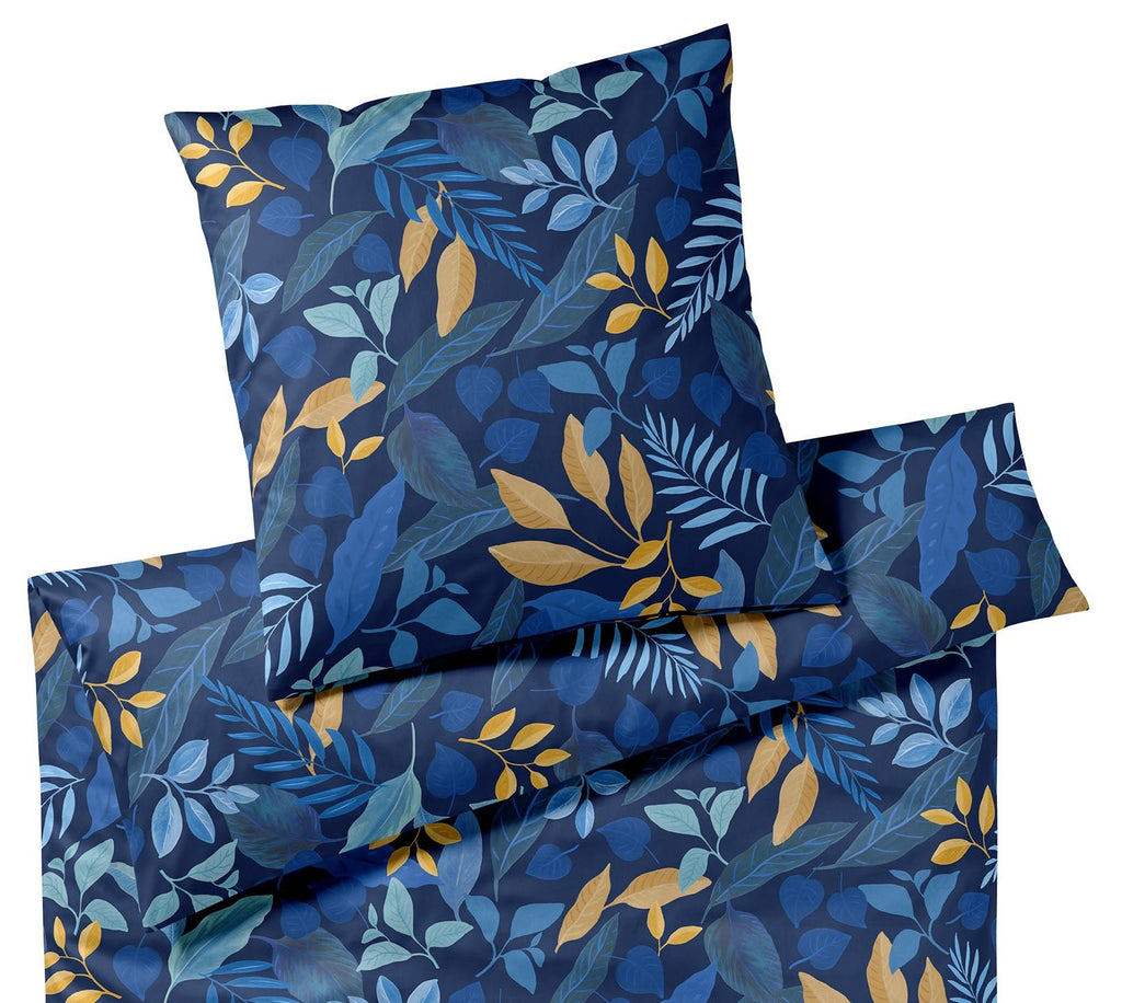 Seiden Satin Bettwäsche Phantasy in Blau Blätter Freisteller #farbe_Nachtblau Camel